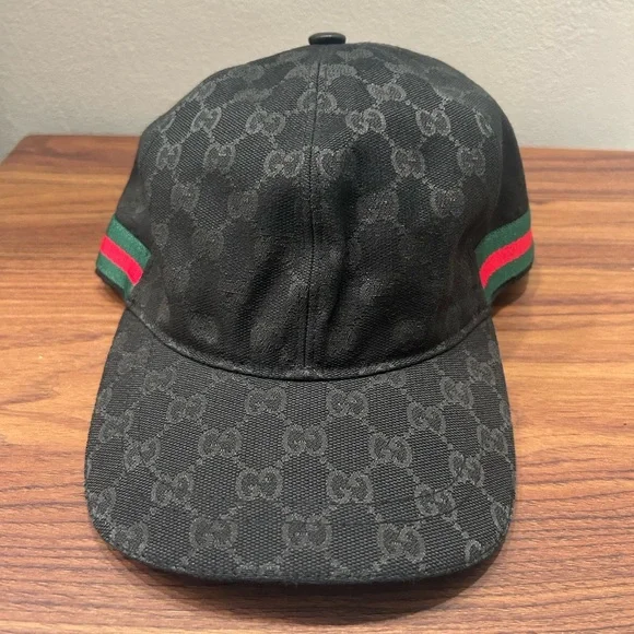Gucci GG Canvas Baseball Cap Black Web Stripe Sherry Line Hat - Picture 1 of 4
